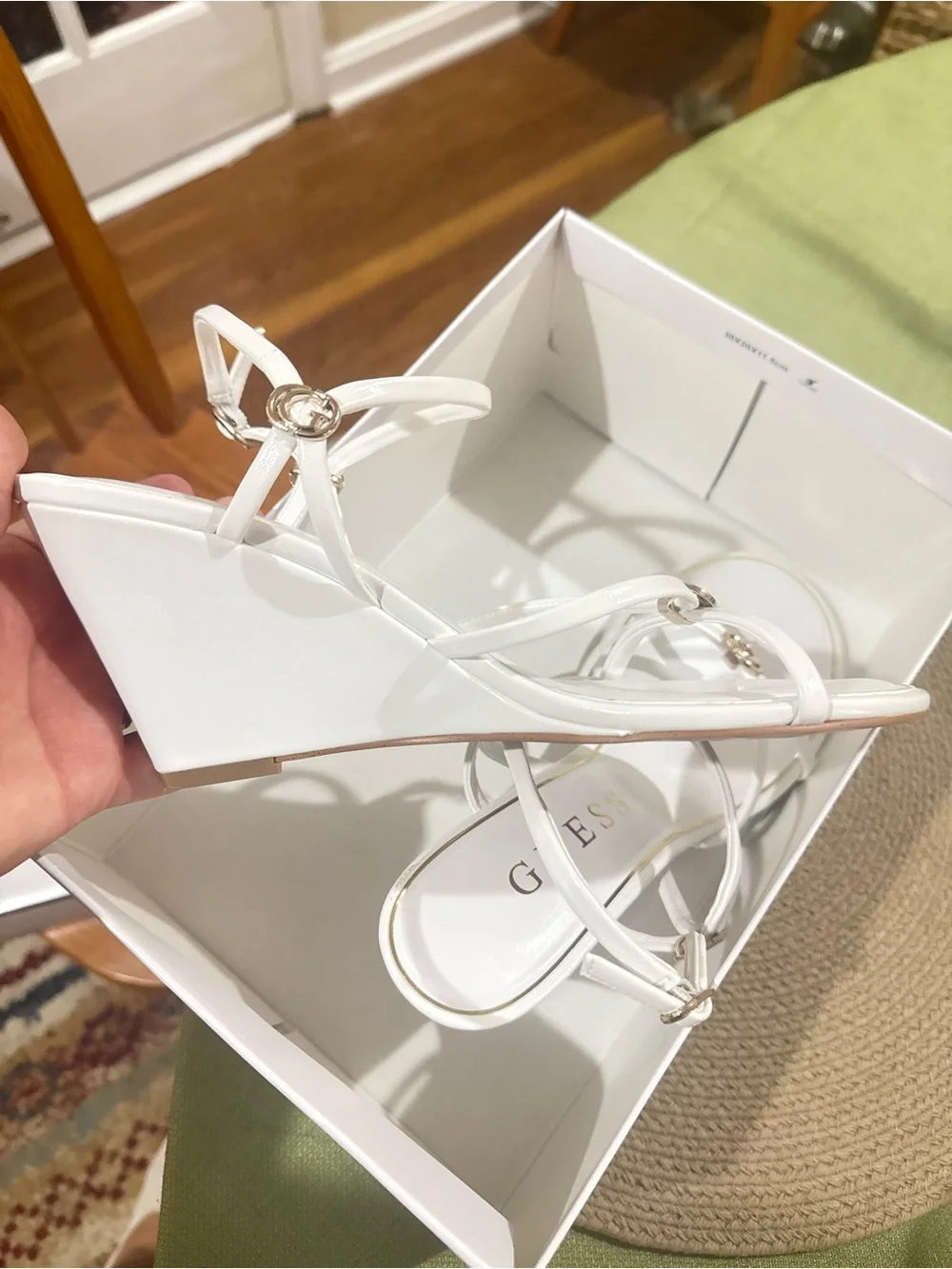GUESS White Strappy Wedge Sandals with Gold Rings
